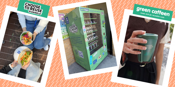 three photos showing reuse initiatives at the University of Melbourne: two people enjoying lunch on reusable plates, the reuse vending machine, and a person holding a Green Caffeen coffee cup