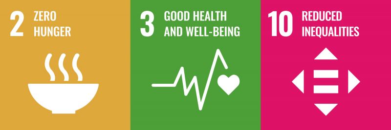 Icon of SDG 2: Zero hunger, Icon of SDG 3: Good health and well-being, and Icon of SDG 10: Reduced Inequalities
