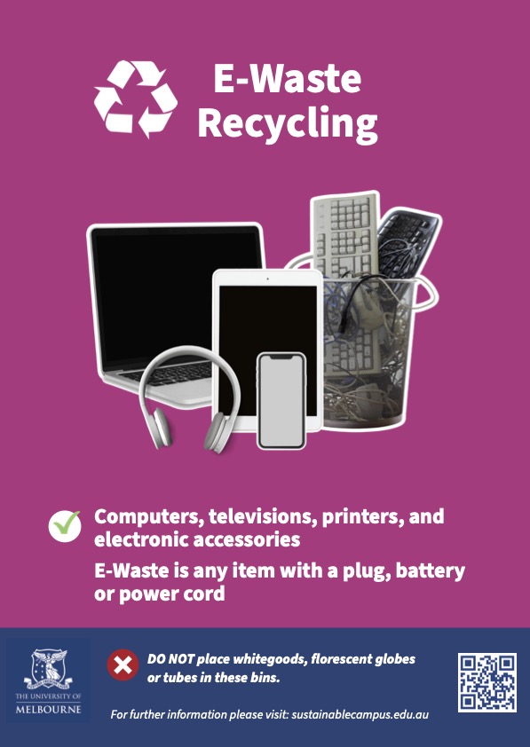 Pink poster with some examples of e-waste (computers ect) 