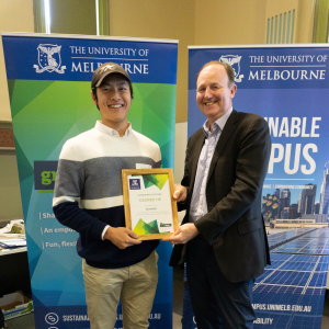 George He receiving the Student Champion award at the University's 2019 Green Impact awards ceremony.