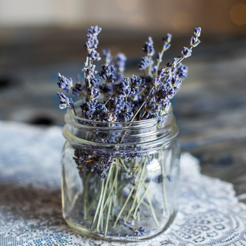 Close up of round glass jar with stems of lavender arranged in it. The jar is sitting on a white doily. 