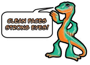 Cartoon goanna with speech bubble reading 'clean faces, strong eyes!'
