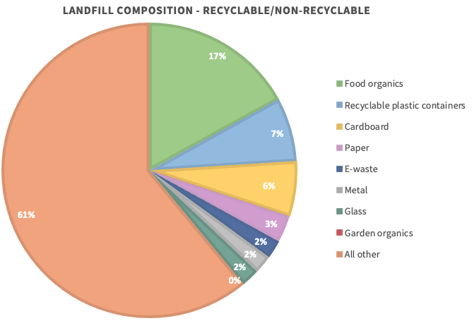 Pie chart of the landfill composition (recyclable/non-recyclable items) from the 2019 waste audit 