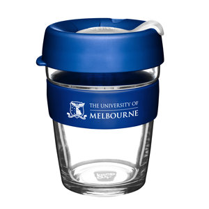 KeepCup with UniMelb branding and UniMelb blue lid