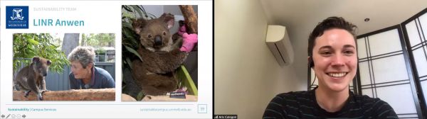 A screenshot of a powerpoint slide with two photos of a young koala with burnt fur next to a screenshot of a smiling person in their home office. One photo shows the koala on a horizontal tree branch with a woman positioned close next to it, the other photo shows the koala with burnt fur wearing pink bandages over its paws.