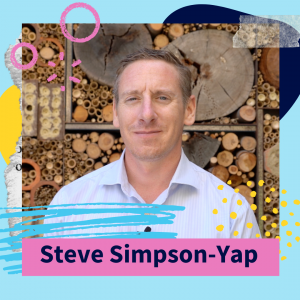 Portrait photo of a man with a white shirt smiling at the camera in a navy decorative border with the words ‘Steve Simpson-Yap’ written. 