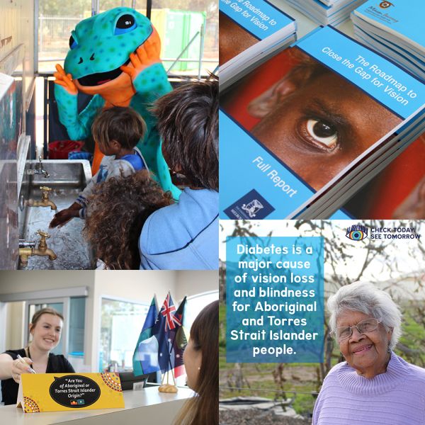 Photo collage. Top left: Person in goanna costume posing next to children washing hands. Top right: photo of report 'The Roadmap to Close the Gap for Vision'. Bottom right: elderly woman with text that reads 'diabetes is a major cause of vision loss and blindness for Aborginal and Torres Strait Islander people'. Bottom left: woman behind a counter with sign that reads 'are you of Aboriginal or Torres Strait Islander Origin?'